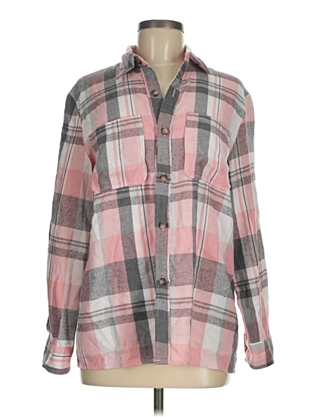 Pink and Gray Plaid Button-Up Shirt Jacket